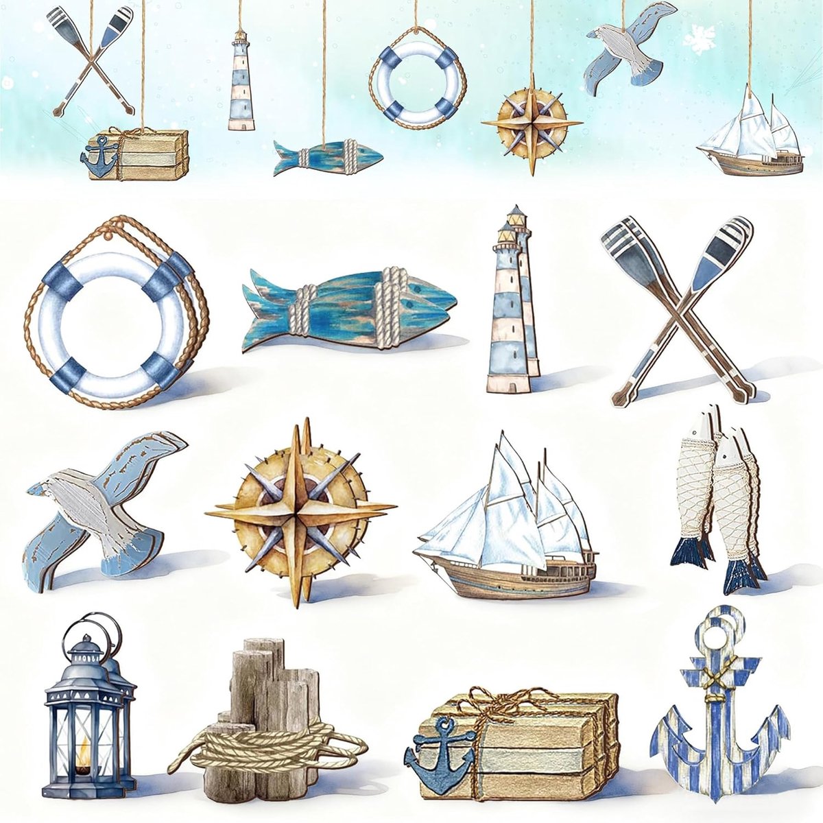24 stuks nautische decoraties om op te hangen, decoratieset met zeemotieven, anker decoratief, robuust en duurzaam, uitstekende afwerking, voor afscheidsgeschenken met het thema strand en kust