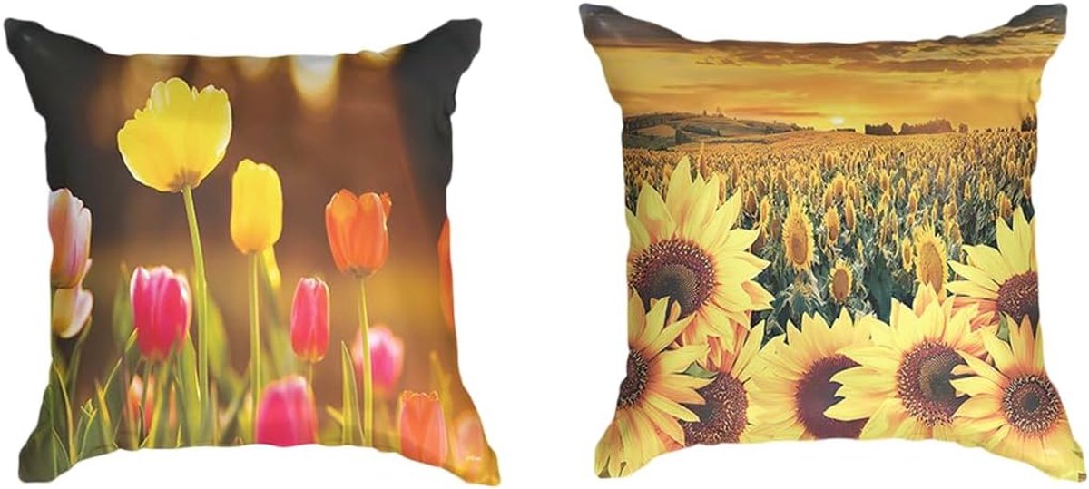 - Kussensloop - Tulpen Bloemen Natuur Zonnebloem Zon - Set van 2 motieven - 45 x 45 cm - Decoratief kussen zonder vulling - Kussenhoes Accessoires voor Sofa/Bed - Geel Roze Oranje