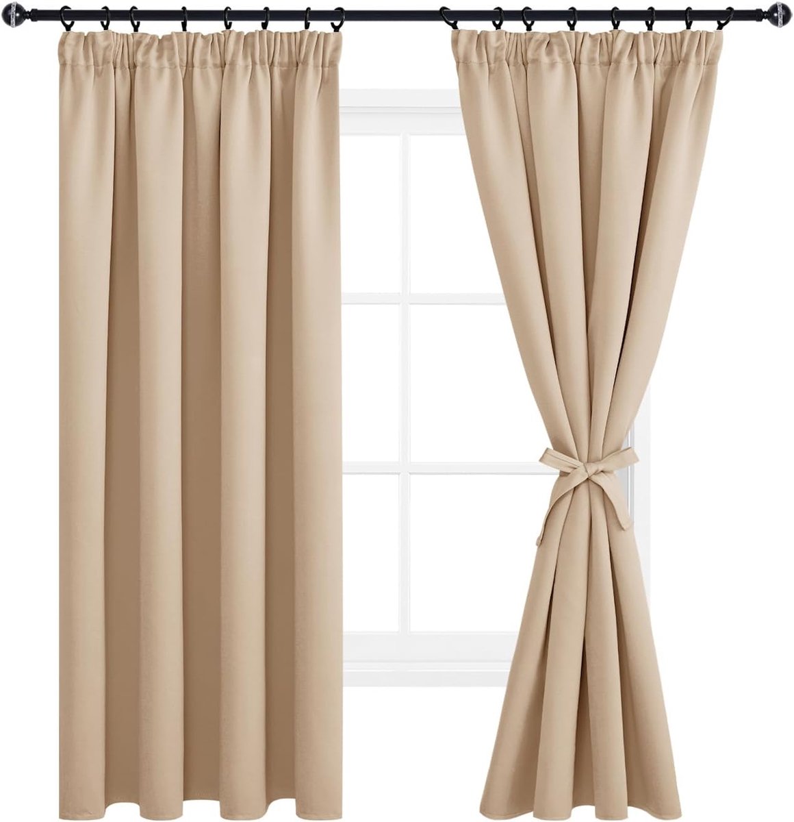 Beige Gordijnen Verduisteringsgordijnen Plooiband met Riemen, Thermische Gordijnpanelen Gordijnen voor Woonkamer, Slaapkamer, Kerst, Kant en Klaar, 117x137 cm (B x H), 2 stuks