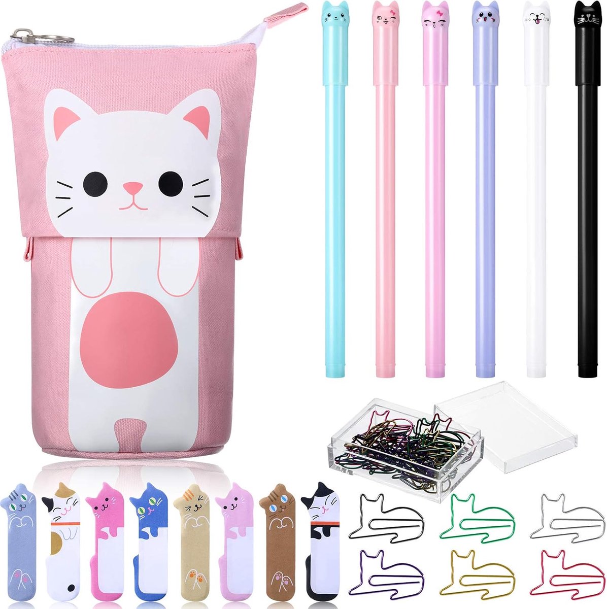 kattenschrijfwarenset, 1 telescopische pennenzak van canvas, transformerend etui, 6 gekleurde zwarte gelpennen, 30 kattenbladwijzers en 240 tabbladen met notitieindexen