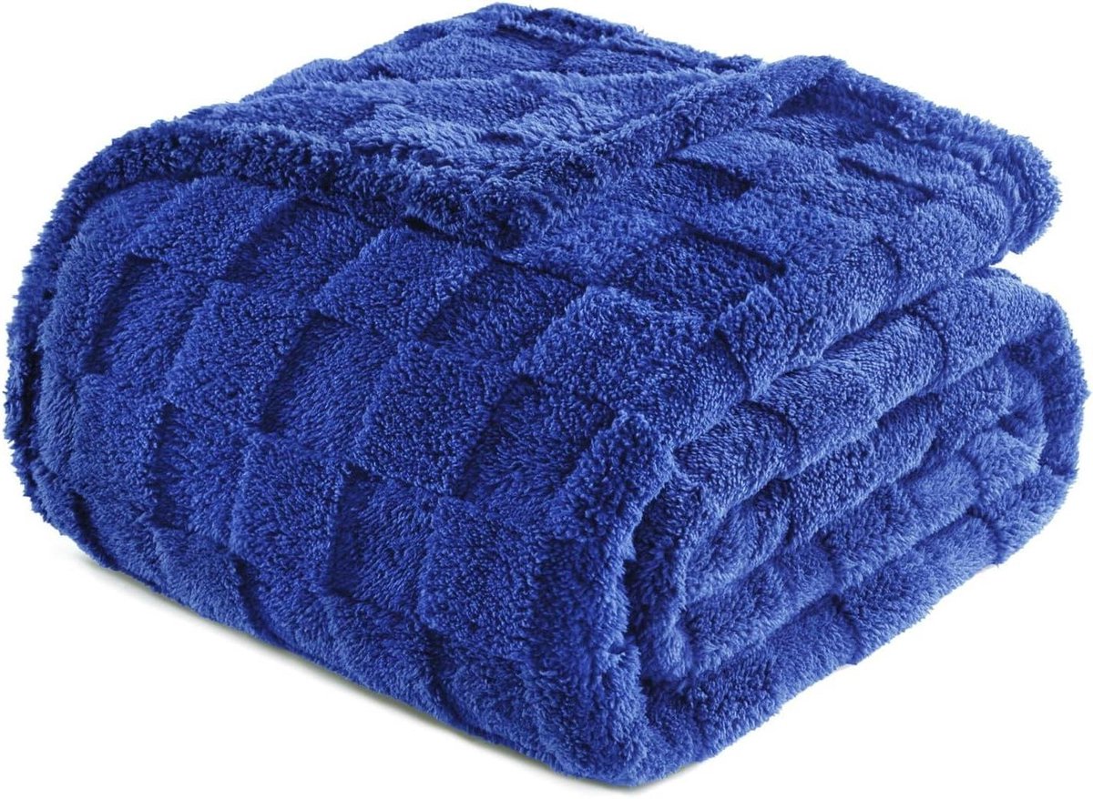 Flanellen Fleece Deken - Zachte Plaid - Bank en Bed - Geruit Patroon - 130 x 150 cm - Kobaltblauw