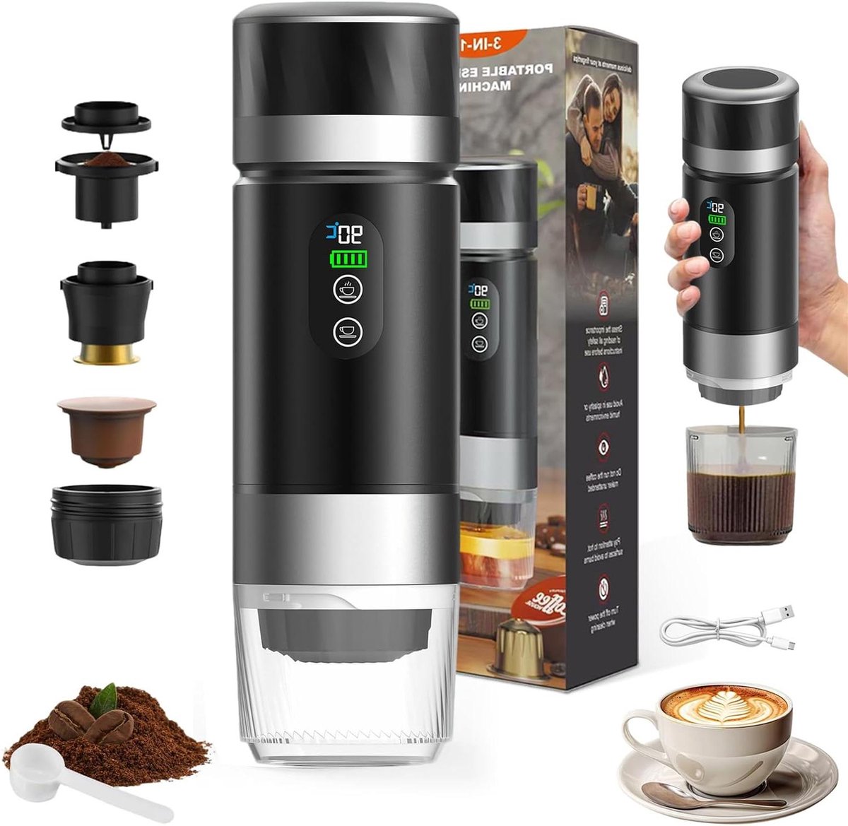 Draagbare Koffiezetter - Reis Espresso Machine - Onderweg Koffie Maken - 3-in-1 Compatibel - 80 ml - Zwart