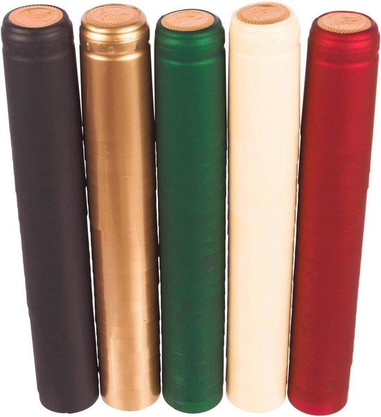 Vijf krimpkousen in de kleuren zwart, goud, groen, crème en rood.