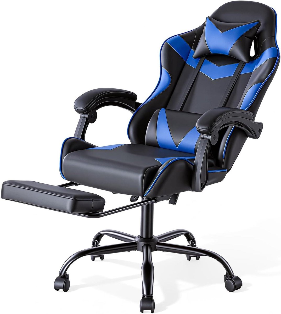 Gamingstoel met Voetensteun - Bureaustoel PC Stoel - Comfortabel Zitten - Verstelbare Rugleuning - 130 kg Draagcapaciteit - Blauw