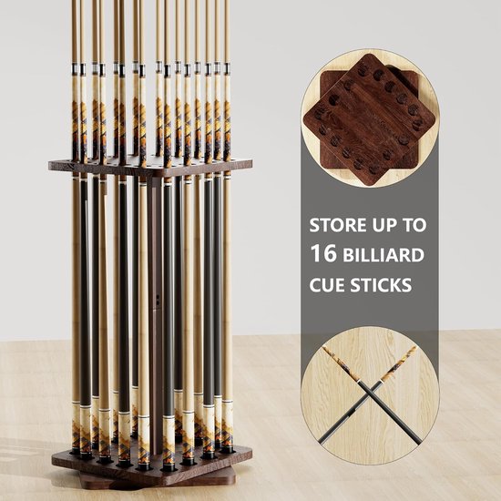 Pool Cue Holder - Billiard Rack - Opbergen Keu's - 360 Graden Draaibaar - 16 Keu's - Houtkleur — afbeelding 3