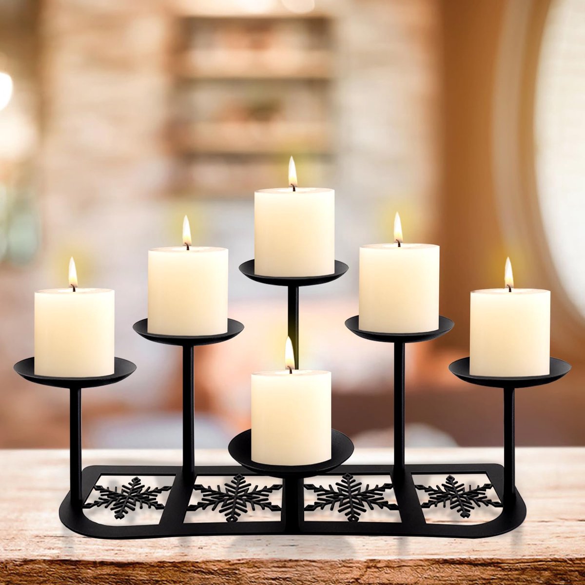 haard kandelaar kaarsenhouder mat zwart metalen kandelaar met 6 kandelaars mantel decor voor vlamloze of wax pijler kaars vloer tafel middelpunt kerst bruiloft partij decoratie