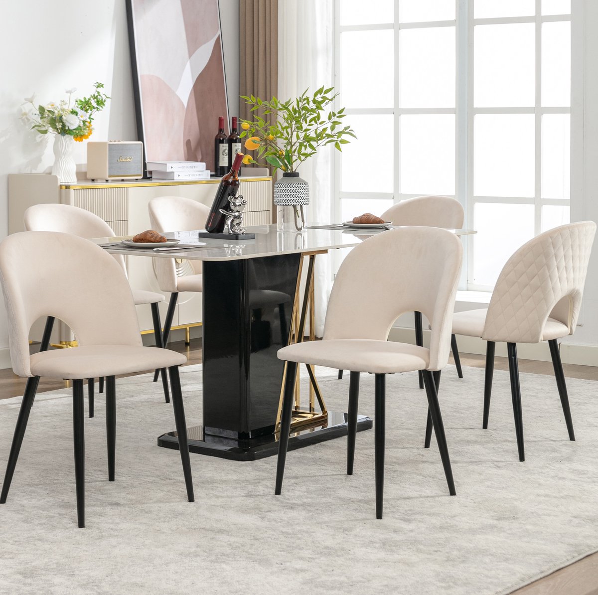 DESMIU Eetkamerstoel Set Van 6 - Comfortabele Velvet Eetstoel Met Rugleuning En Diamantpatroon - Voor Eetkamer En Woonkamer - Metaal - Beige