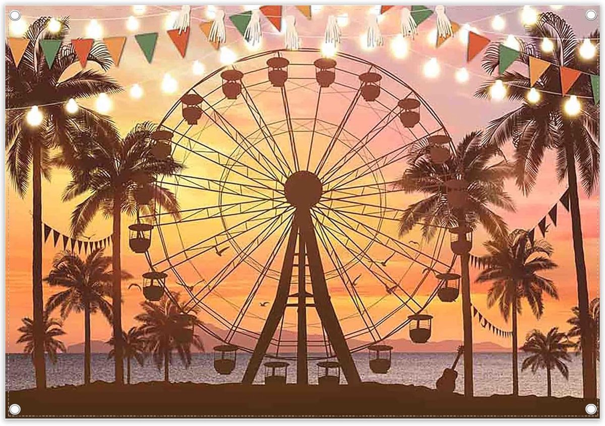 2,1 x 1,5 m Zomer Zonsondergang Strand Reuzenrad Achtergrond Tropische Palmboom Zee Silhouet Achtergrond Vakantie Feestdecoratie Banner Foto Props