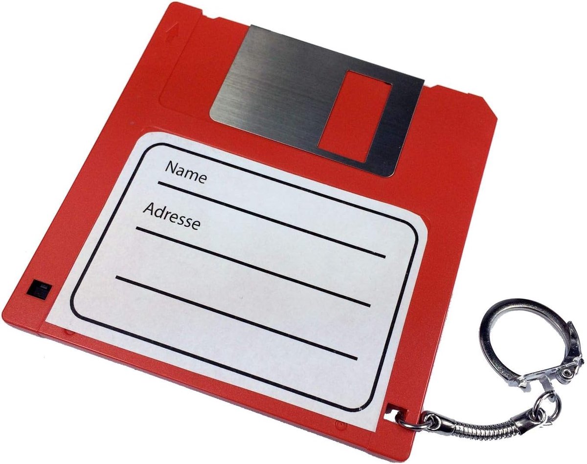 adreslabel tashanger kofferhanger discette retro disc floppy rood