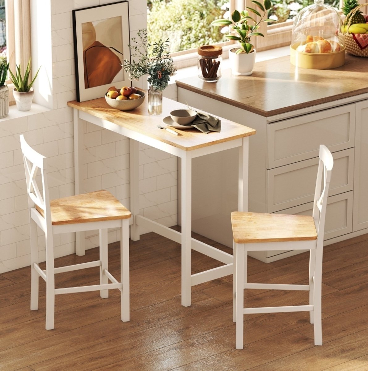 MEUNIQ Bartafel 108 x 48 x 91 cm voor 2 personen, eikenlook tafelblad, wit frame, rubberhout, rechthoekige hoge tafel voor keuken en eetruimte