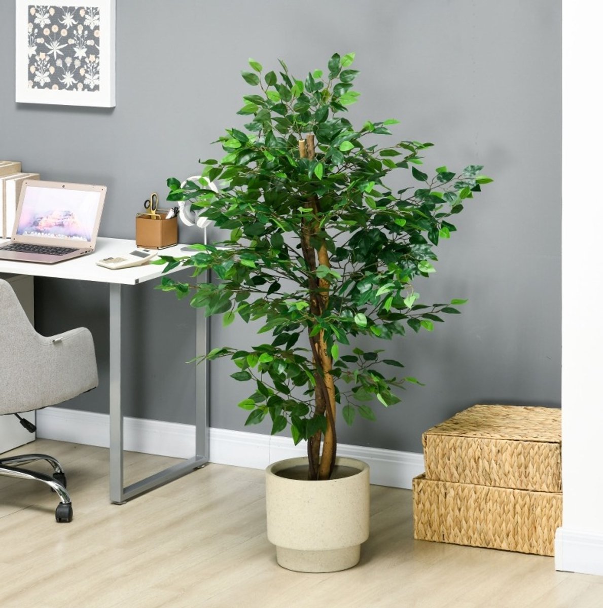 MEUNIQ kunstficusboom 150 cm met pot, 882 bladeren, natuurgetrouwe kunstplant voor binnen & buiten, groen, onderhoudsvrije decoratieve ficus