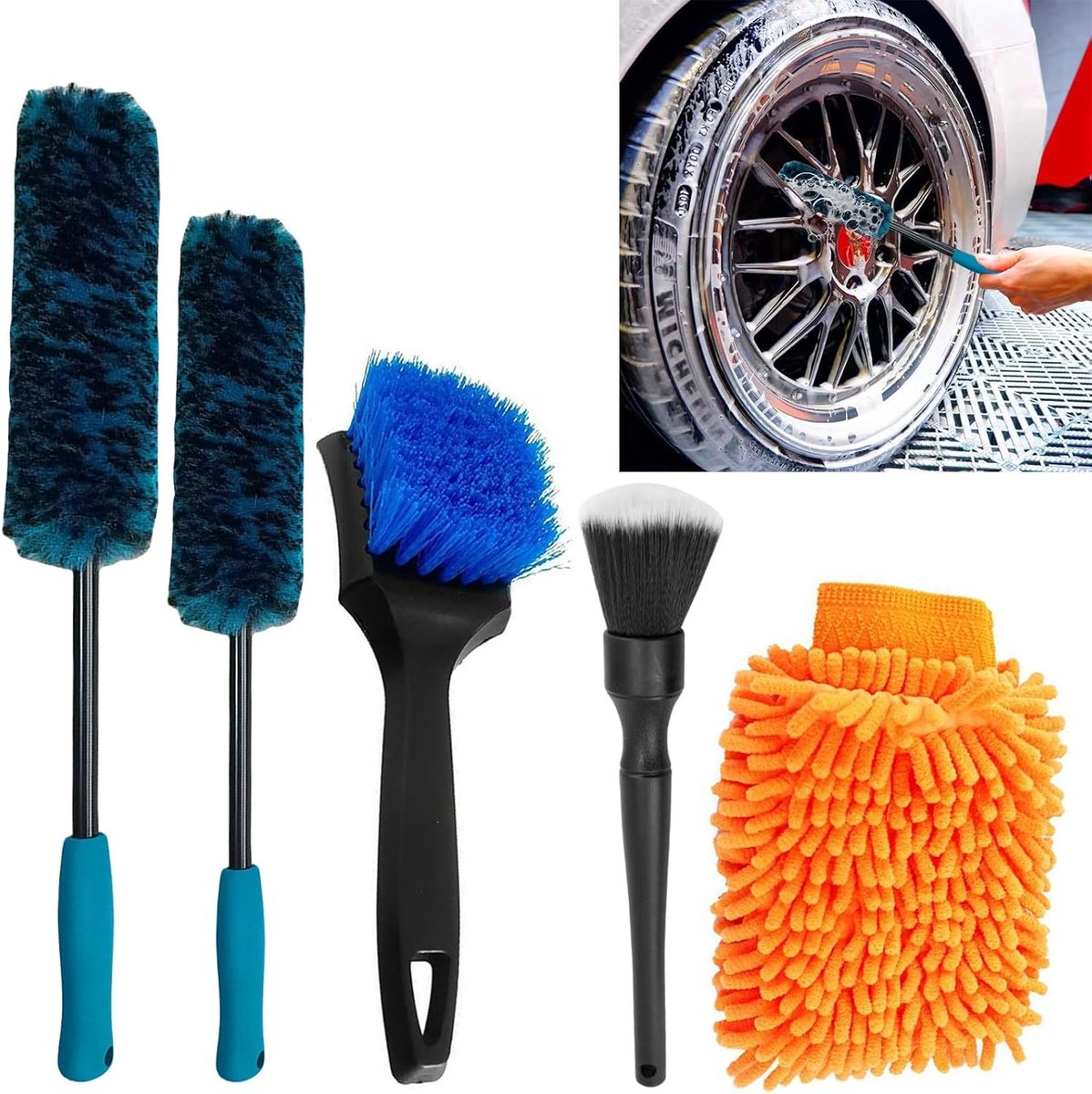 dogmoon Autoreinigingsset, 5-delig, autoverzorgingsset voor binnen en buiten, set met velgenborstel, microvezel velgenborstel, borstel met harde borstels, zachte borstel, washandje voor motor en