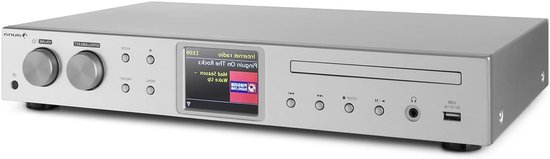 Zilverkleurige receiver met twee draaiknoppen, display, CD-lade en USB-poort aan de voorkant.