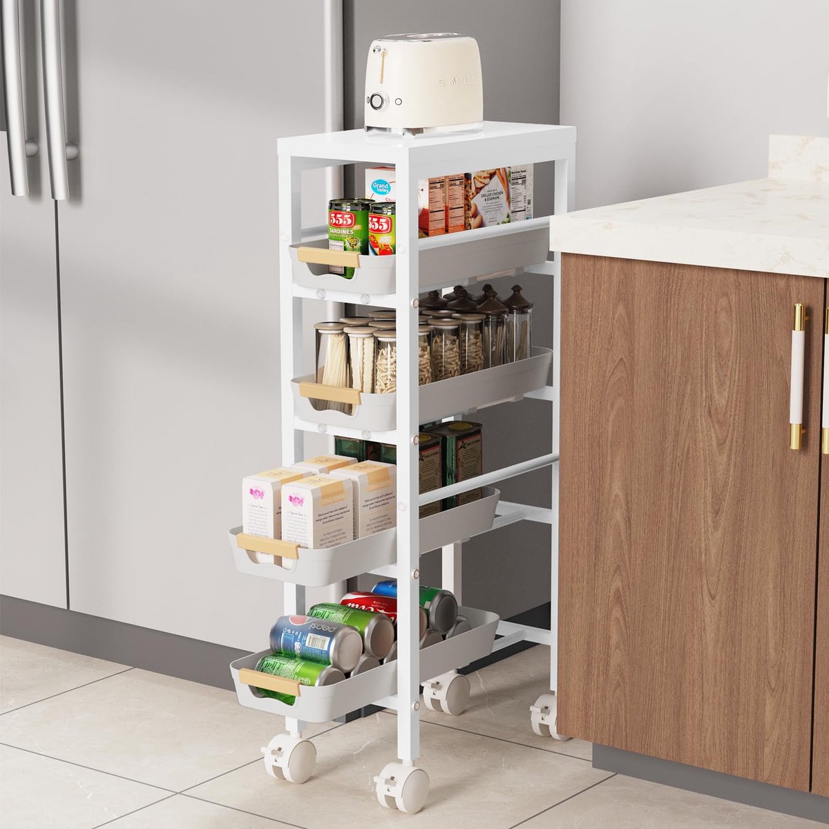 Rolwagen smal, 20 cm, keukenwagen, metaal met 5 niveaus, wit, niswagen op wielen met 4 laden en houten plaat, voor keuken, badkamer, kantoor, 31 x 81 cm