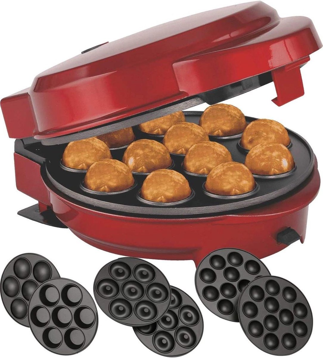 3-in-1 Bakmachine - Donuts Muffins Cake Pops - Thuis Bakken - Wisselbare Platen - 7 Donuts 12 Pops - Rood Metallic