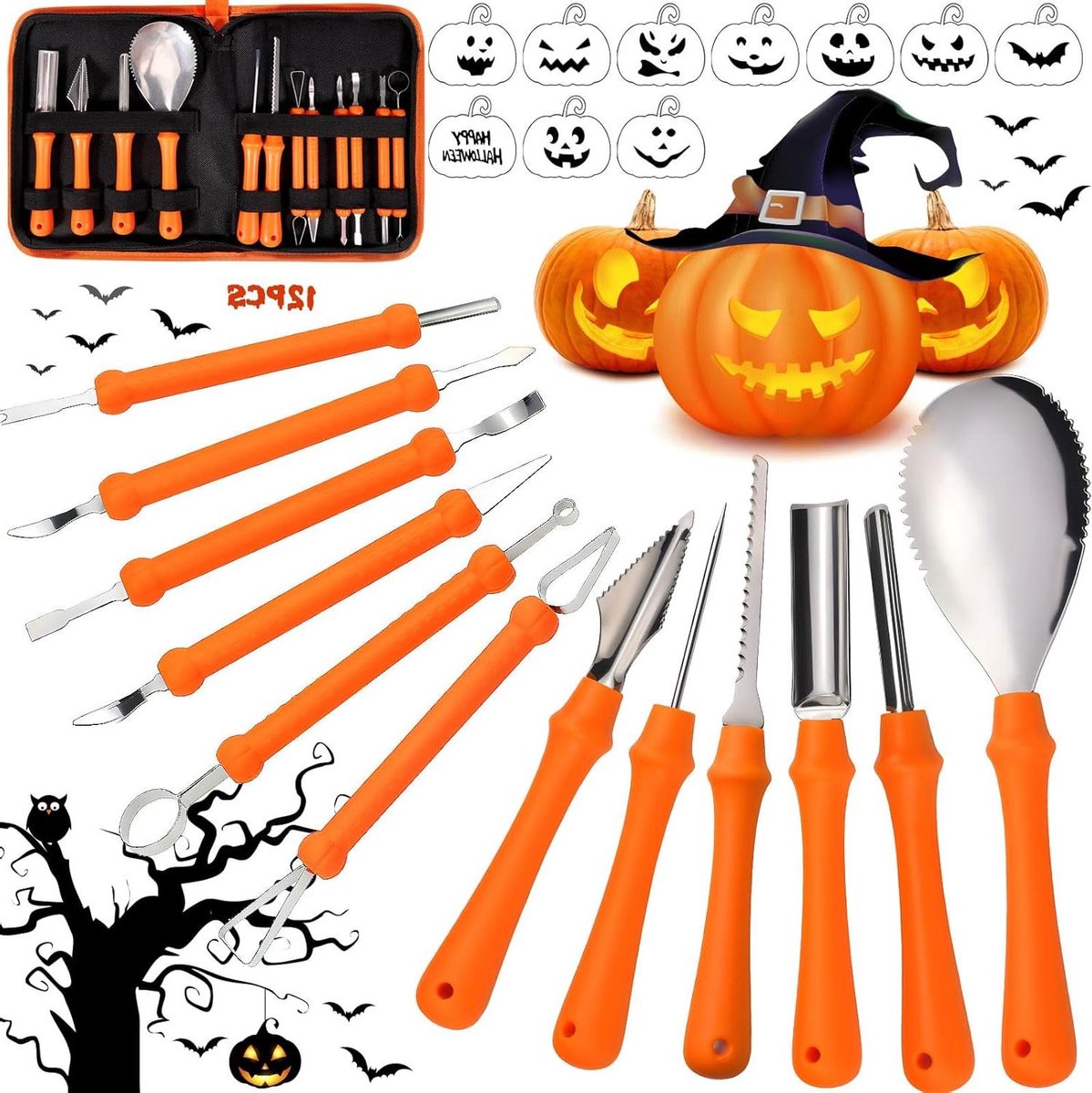 Pompoen Snijgereedschap Set - Halloween Gereedschap - Pompoenen Uitsnijden - Roestvrij Staal - 12 stuks - Niet gespecificeerd