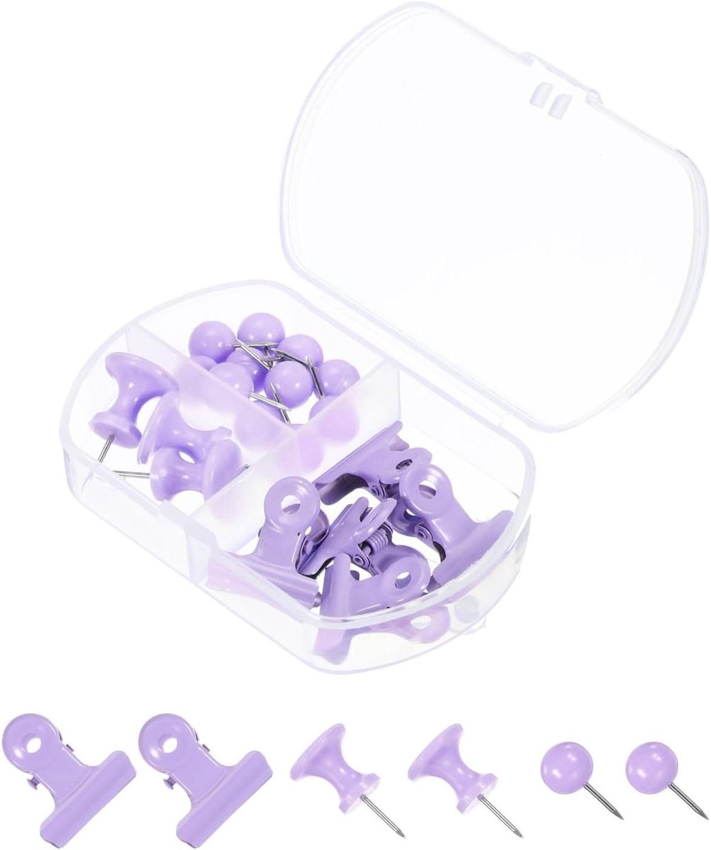 Punaises en Clips Set - Kantoorbenodigdheden Bevestigingsmateriaal - Documenten Organiseren - Roestvrije Stalen Punten - 19x9mm en 26x11mm - Paars