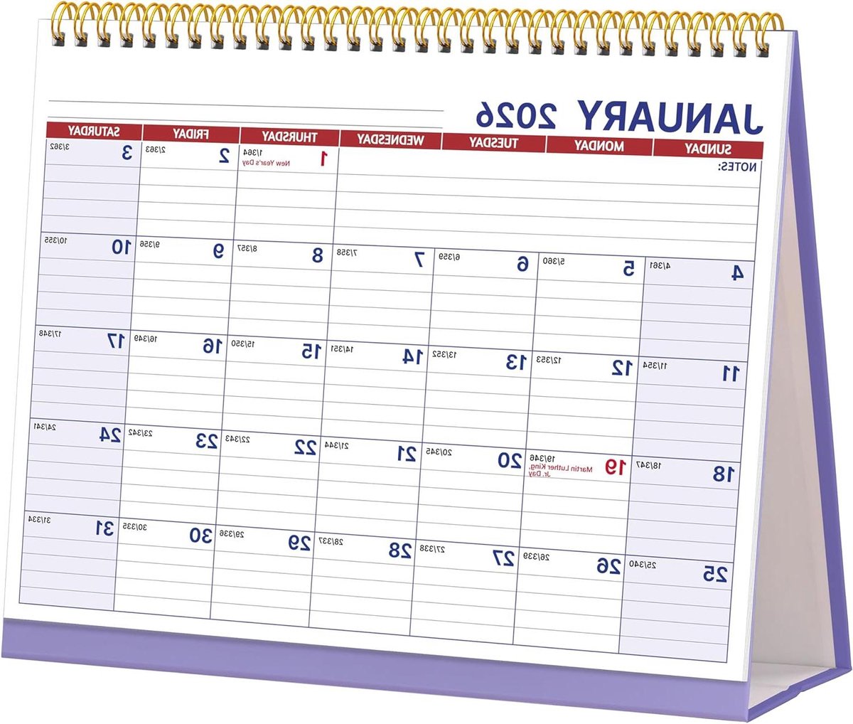 Bureaukalender 2026 - Staande kalender Flip kalender - Dagelijkse planning - Dubbele draadbinding - 20.5 x 28 cm - Paars