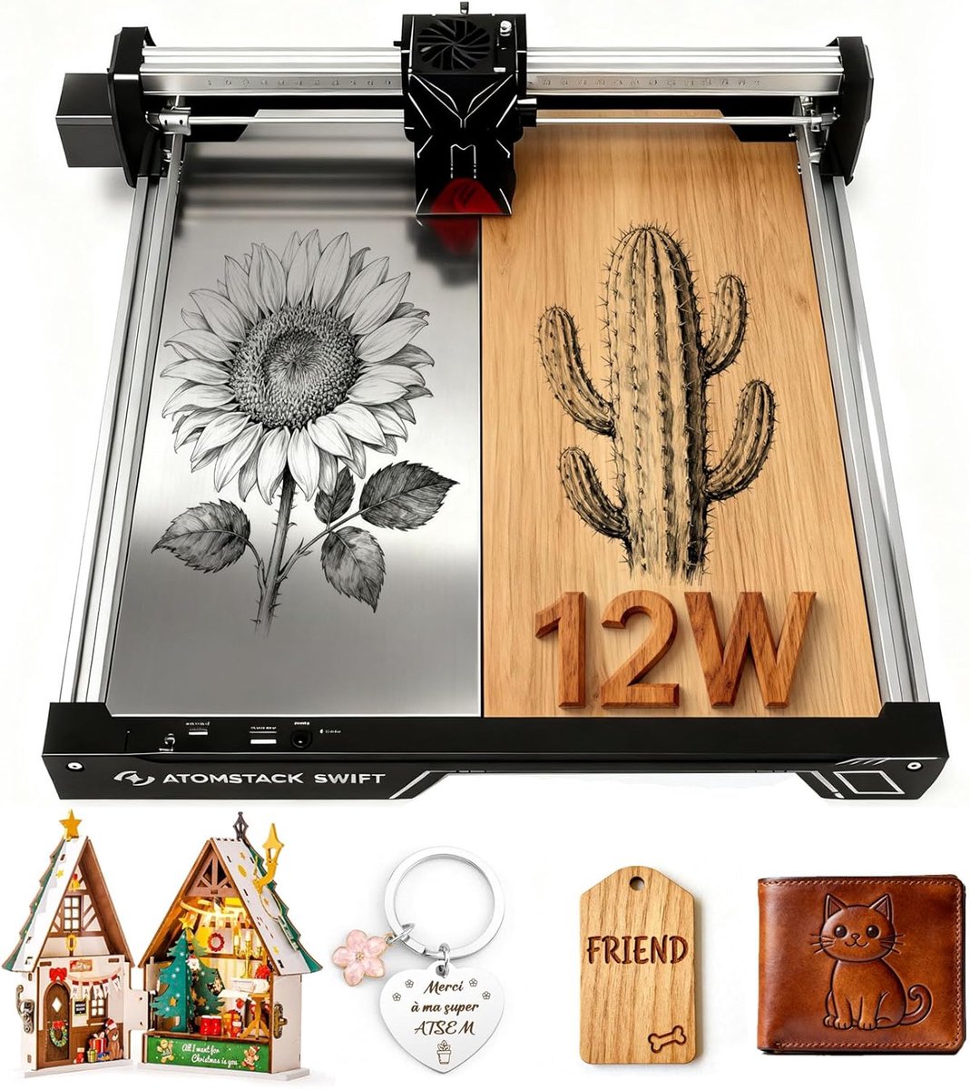 ATOMSTACK Swift 12W Lasergraveermachine Laser Engraving Machine - Lasergraveerder & Lasersnijder 300 × 300 mm, 0,01 mm Precisie, WiFi/Bluetooth/USB, voor Hout, Leer, Donker Acryl, Metaal, DIY Cadeaus, Huisdecoratie & Hobby