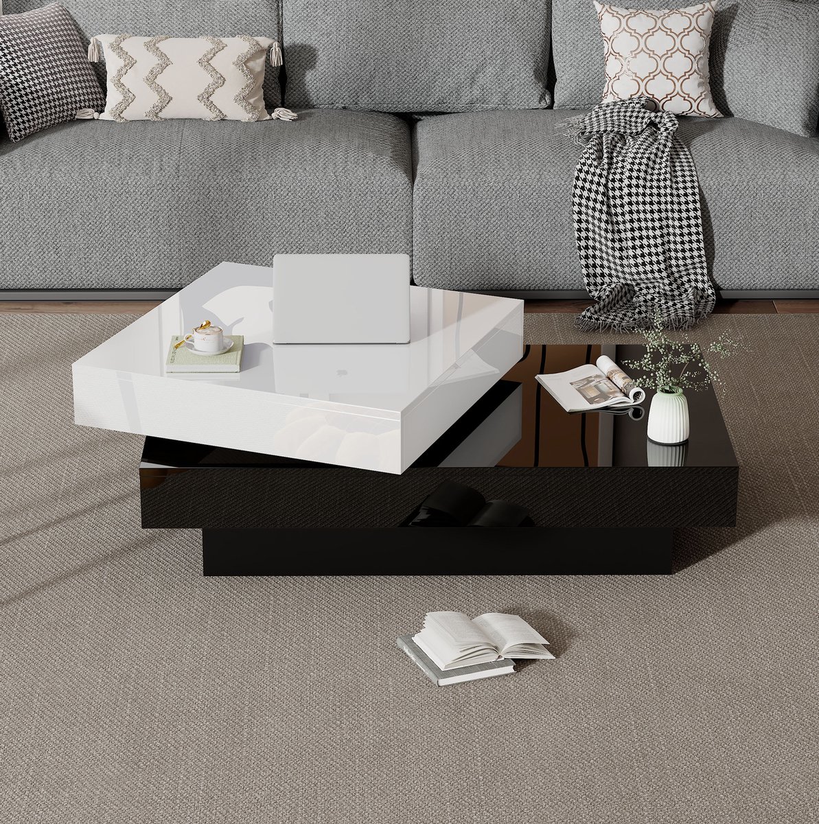 HAUSS SPOLE Salontafel - Draaibaar 2-Laags Design Met Hoogglans Blad - Voor Woonkamer - Spaanplaat - 103x60x35,5 Cm - Zwart Wit