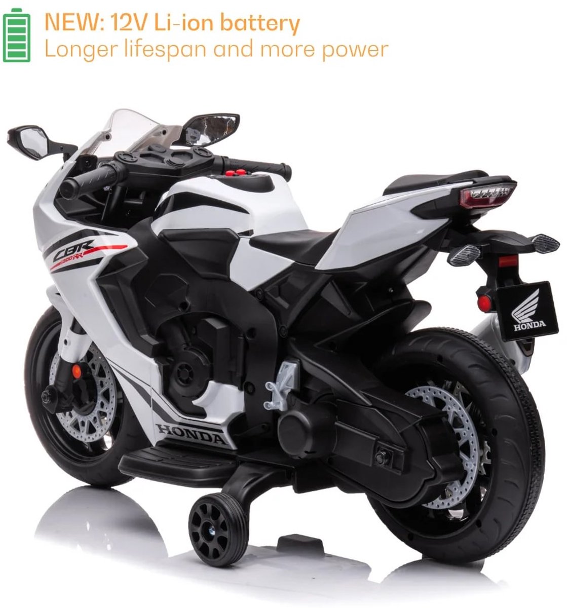 Honda CBR 1000RR Full Option Elektrische Kindermotor 2 tot 5 jaar – Officieel Gelicentieerde Motor met LED-Koplamp & Claxon – Li-ion Kindermotor met Verwijderbare Zijwieltjes & Realistische Geluiden – Wit — afbeelding 19