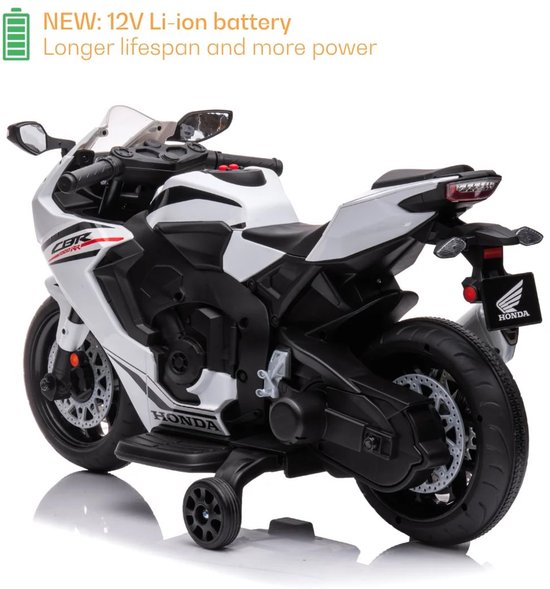 Witte elektrische Honda CBR 1000RR kinder motorfiets met 12V Li-ion batterij, van achteren gezien.