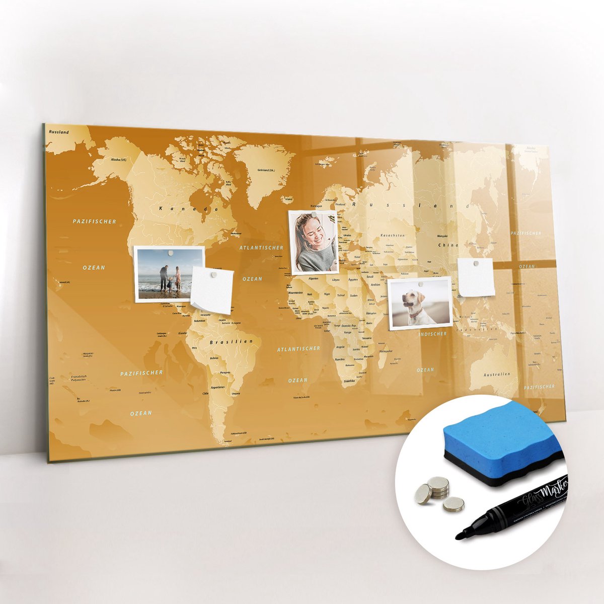 Tulup Whitebord - Klassieke wereldkaart - 120 x 60 cm - Geel Decoratieve magneetborden met print - Gratis 5 Sterke Magneten + Whiteboard Marker & Wisser - Stylish Memo Board - Magneetbord Keuken - Organiseer Je Bureau