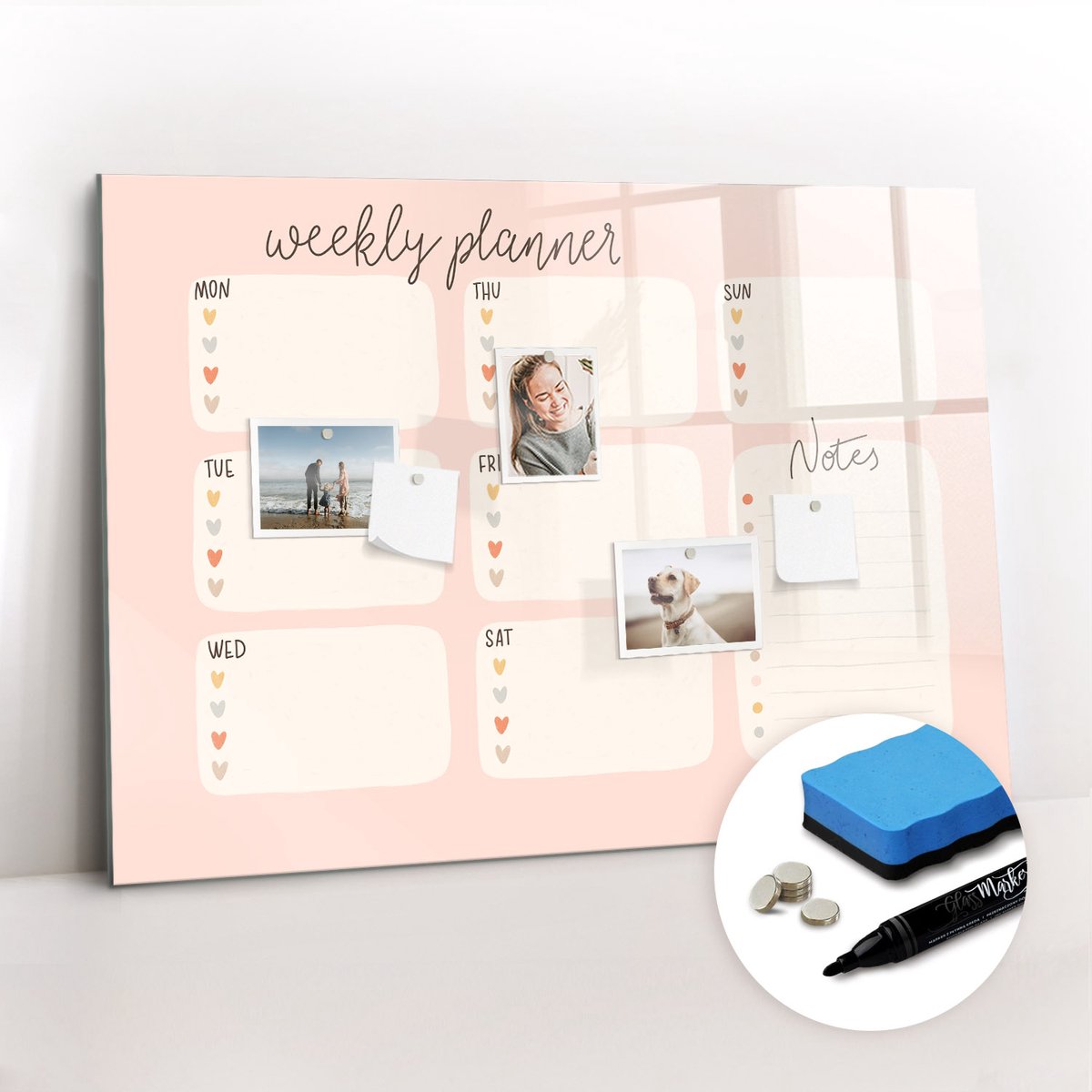 Tulup Whitebord - Een fijne weekplanner - 100 x 70 cm - Roze Magneetbord Design - Gratis 5 Sterke Magneten + Whiteboard Marker & Wisser - Moderne Wanddecoratie - Magneetbord Keuken - Notitiebord Werkplek