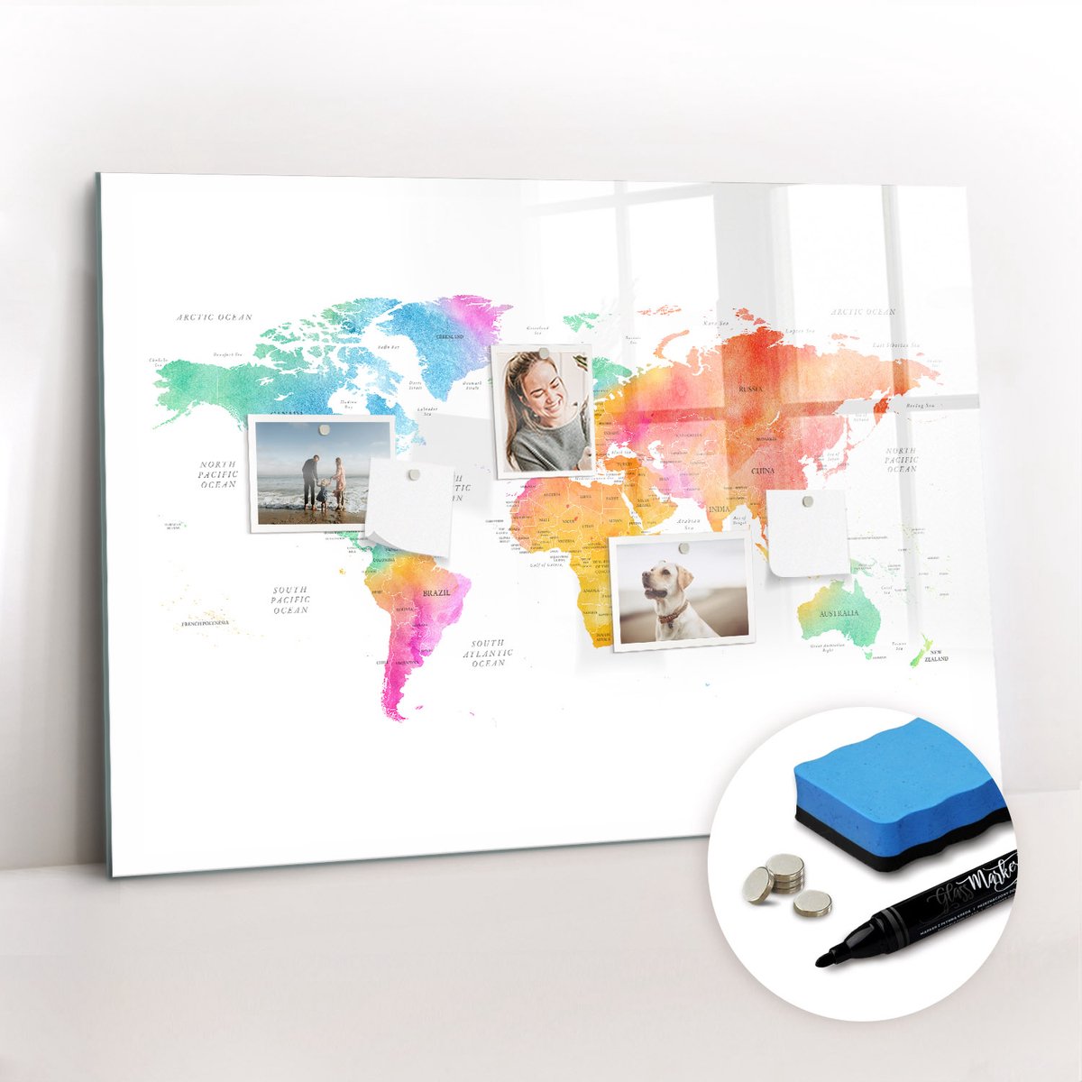 Tulup Whitebord - Aquarel wereldkaart - 100 x 70 cm - Veelkleurig Magnetisch Bord Kind - Gratis 5 Sterke Magneten + Whiteboard Marker & Wisser - Minimalistisch Prikbord - Magnetisch Bord - Notitiebord Werkplek