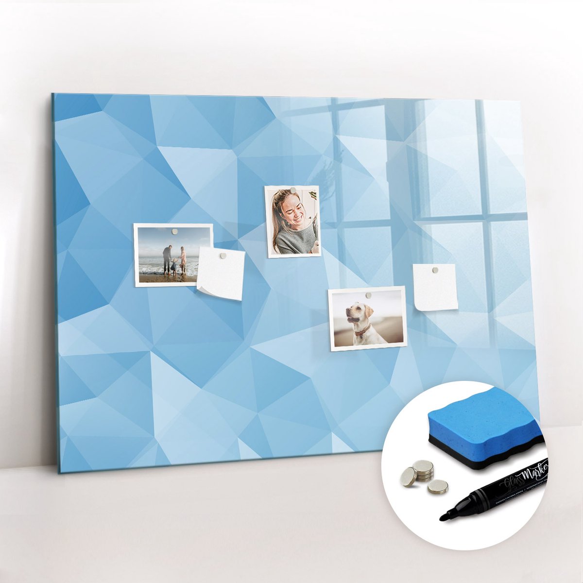 Tulup Whitebord - Abstracte donkere driehoeken - 100 x 70 cm - Blauw Magnetic Board - Gratis 5 Sterke Magneten + Whiteboard Marker & Wisser - Minimalistisch Prikbord - Magneetbord Muur - Organiseer Je Bureau