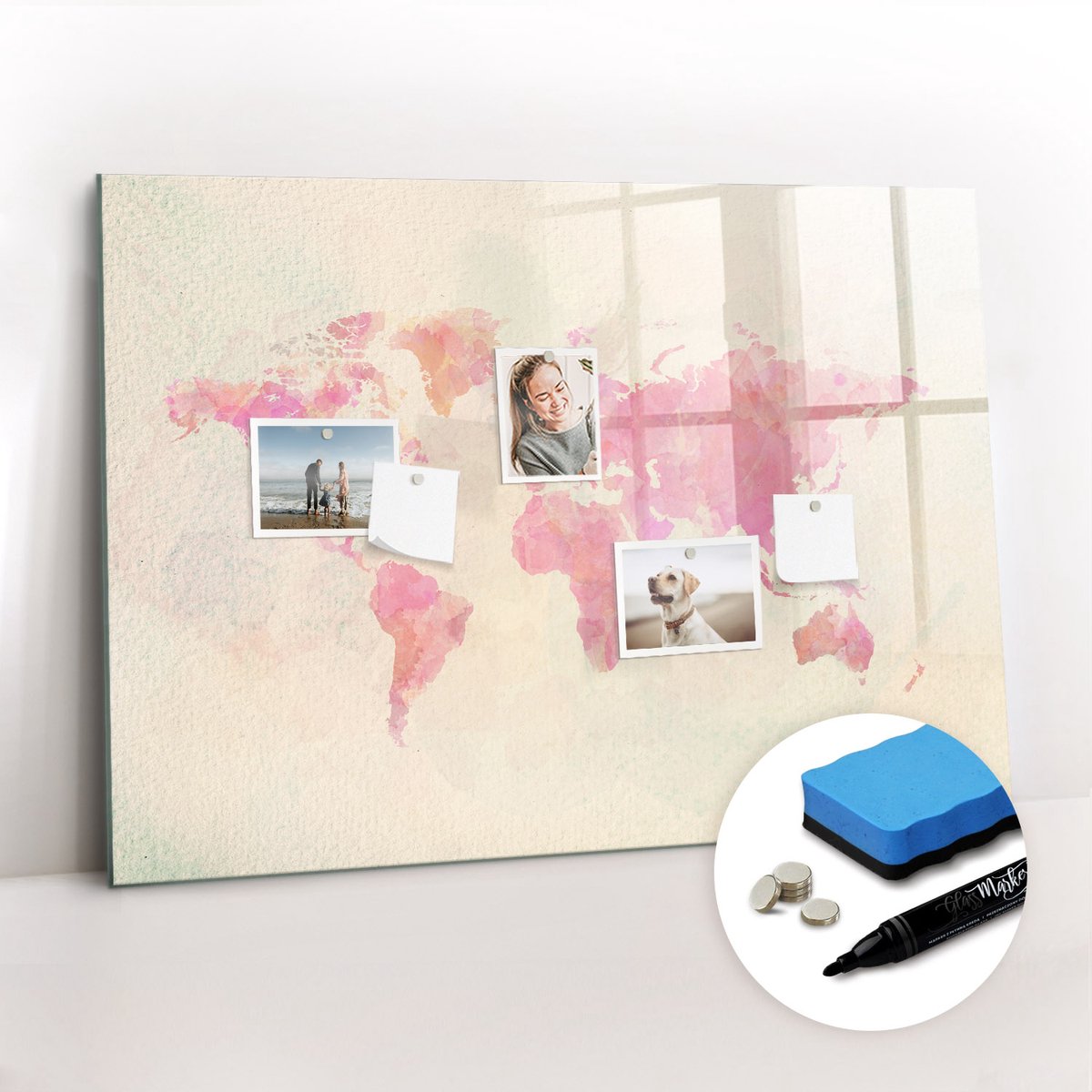 Tulup Whitebord - Wazige wereldkaart - 100 x 70 cm - Roze Memo Magneetbord - Gratis 5 Sterke Magneten + Whiteboard Marker & Wisser - Minimalistisch Prikbord - Magnetic Board - Notitiebord Werkplek