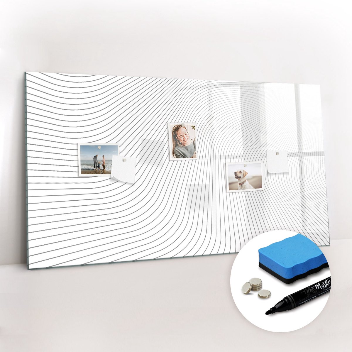 Tulup Whitebord - Abstracte lijnen - 120 x 60 cm - Zwart-wit Magnetisch Memobord - Gratis 5 Sterke Magneten + Whiteboard Marker & Wisser - Scandinavisch Design Bord - Magneetbord Keuken - Planning Muur