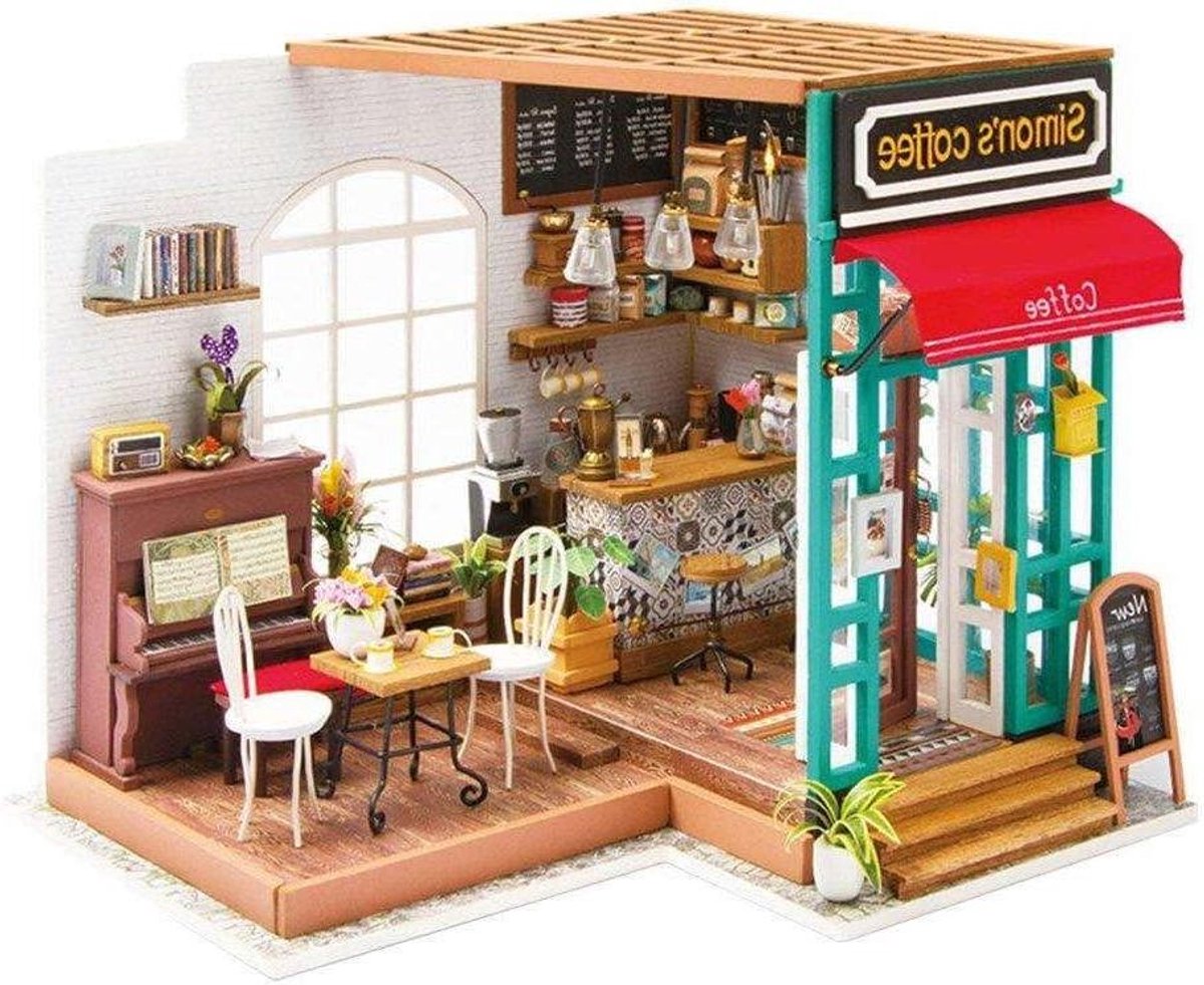 Miniatuur Koffiehuis - Poppenhuis Meubelset - Hobby Knutselen - Inclusief Verlichting - 23 x 20 x 20 cm - Simon's Coffee