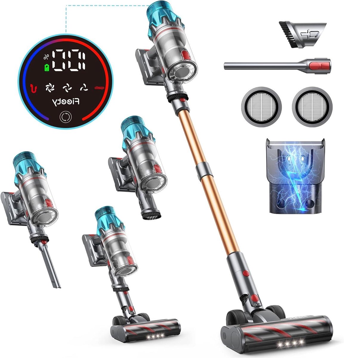 Draadloze Stofzuiger - Steelstofzuiger Handstofzuiger - Huishoudelijk Schoonmaken - Autonoom Rechtopstaand Design - 45 kPa - Goudkleurig