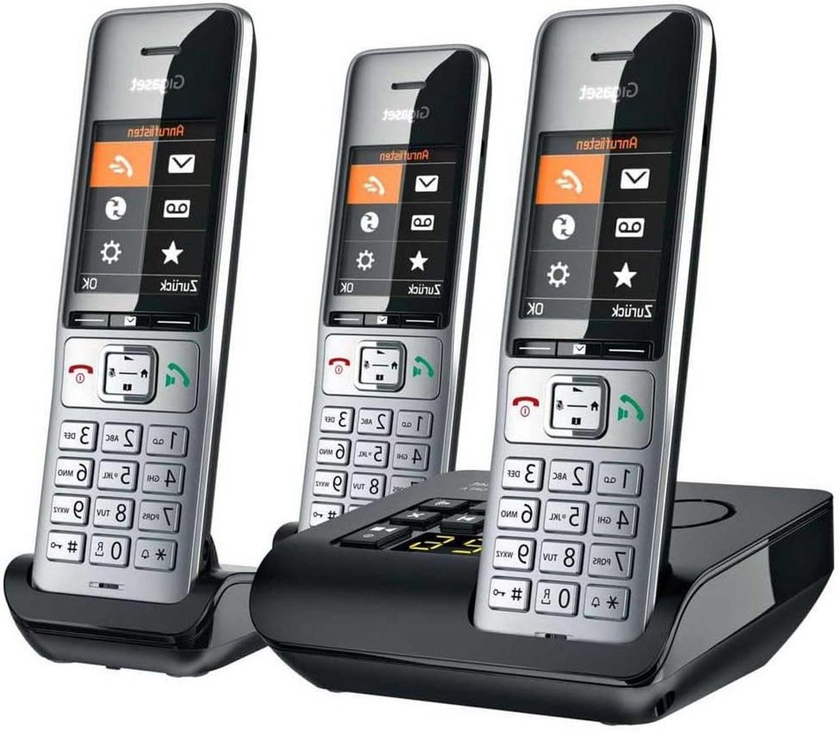 Telefoon Basisstation - Draadloze Telefoon - Thuis Bellen - Drie Handsets - 24 x 69 x 25 cm - Zwart Zilver