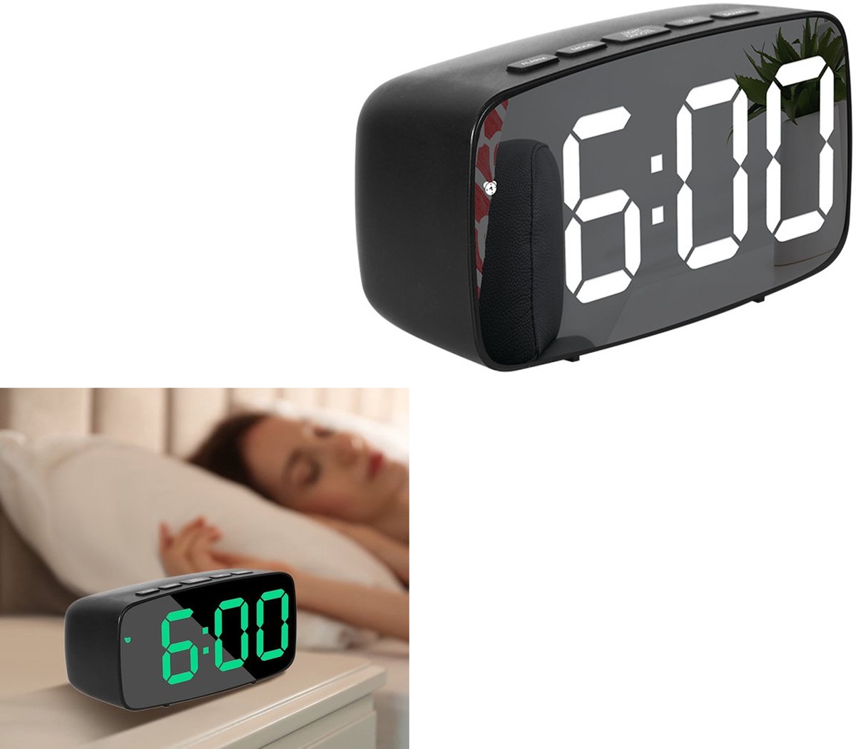 KZQ Stijlvolle spiegelwekker met LED-display en voice control - Snooze en temperatuurweergave - Nachtmodus voor thuis en kantoor - Zwarte spiegel met groene verlichting