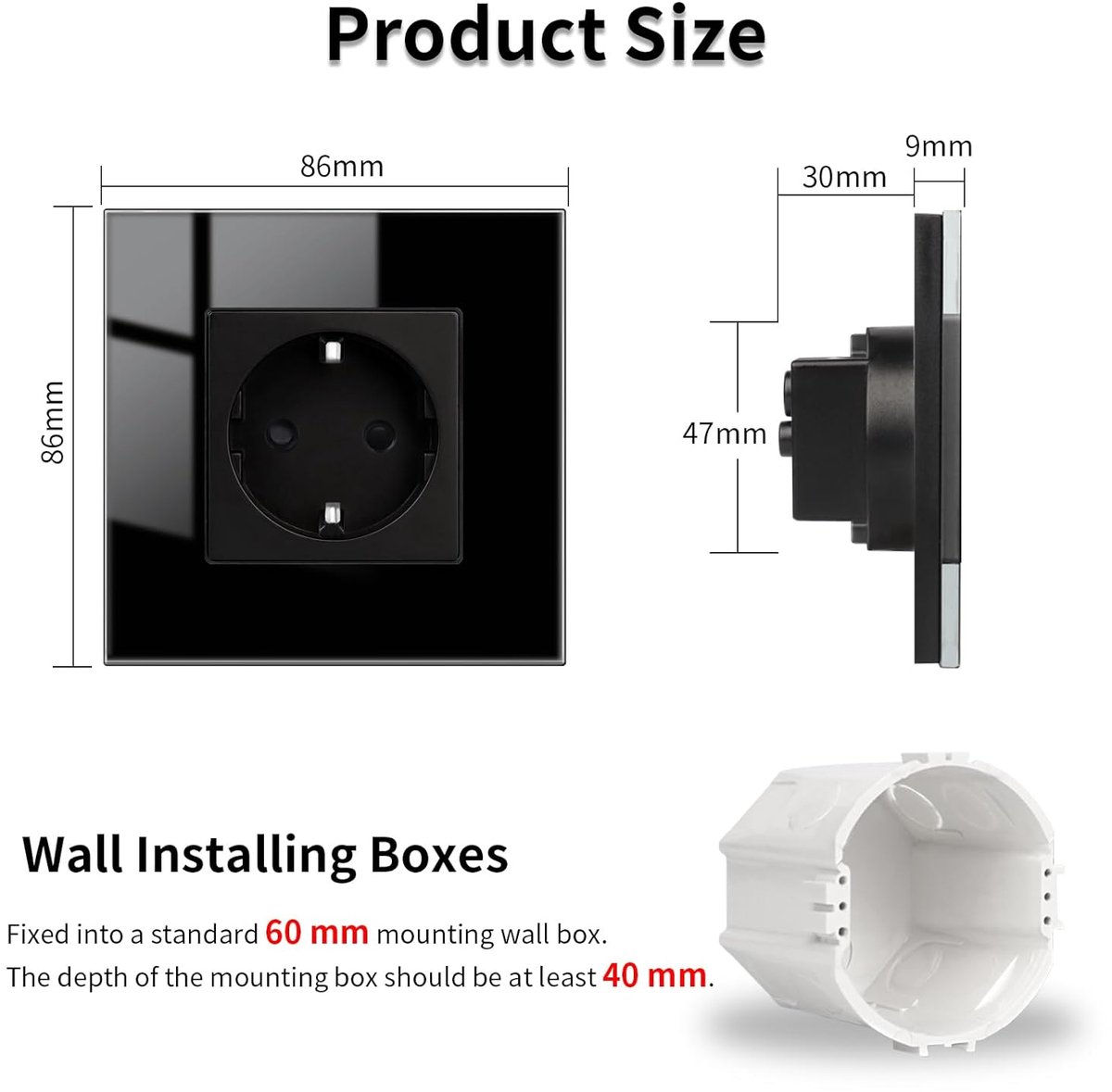 Stopcontacten Zwart Glas - Wandcontactdozen Schuko Stopcontact - Woonruimte Inrichten - Elegant Glazen Paneel - 86 x 86 mm - Zwart