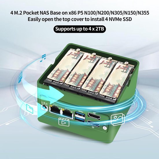 Mini NAS Server - Micro NAS Pocket NAS - Thuis Opslag - 4x NVMe Ondersteuning - 10cm - Zwart — afbeelding 3