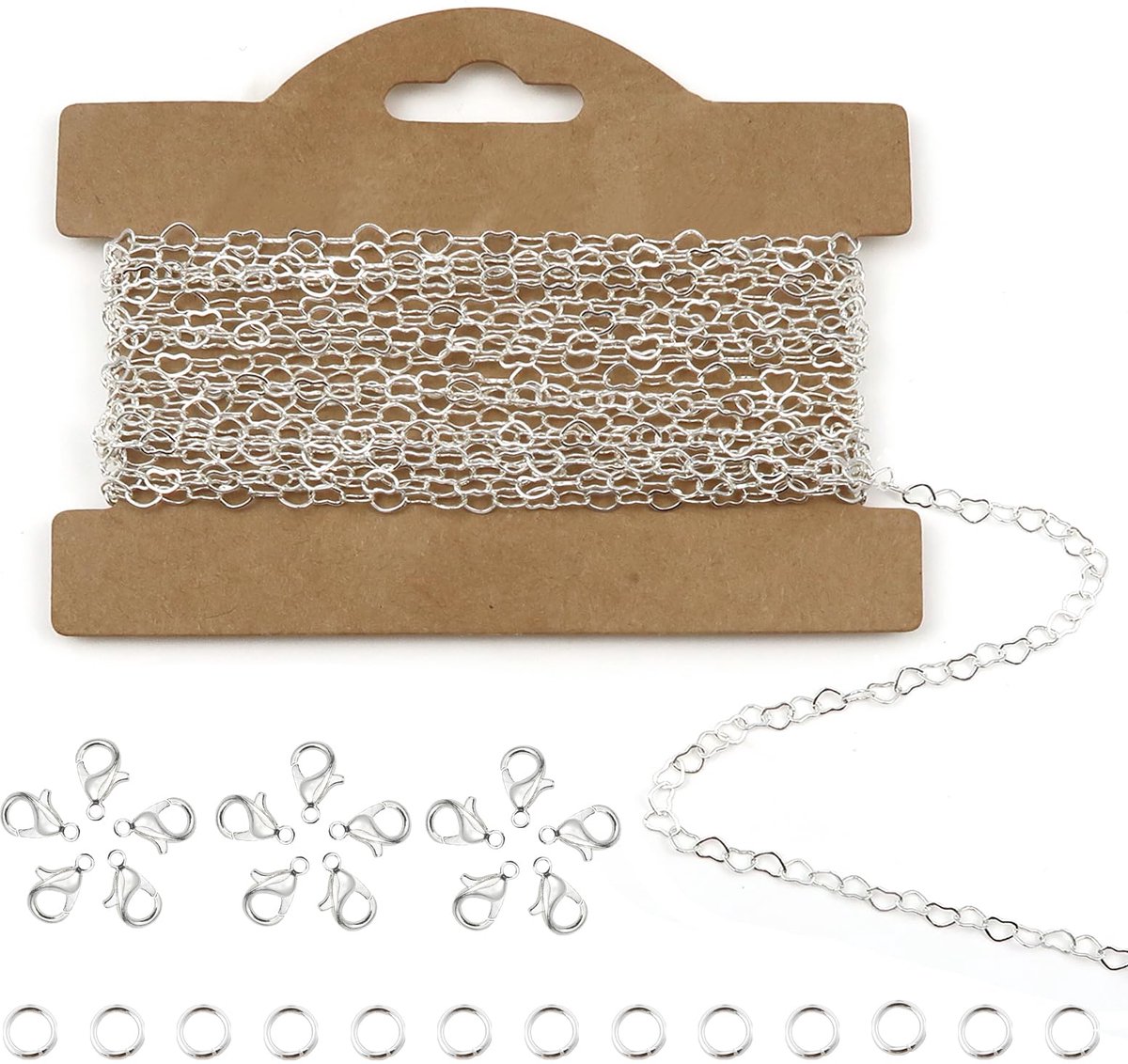 Schakelketting metalen kabel ketting 4 mm schakelketting zilver met 30 springringen en 15 karabijnsluitingen voor doe-het-zelf sieraden knutselen