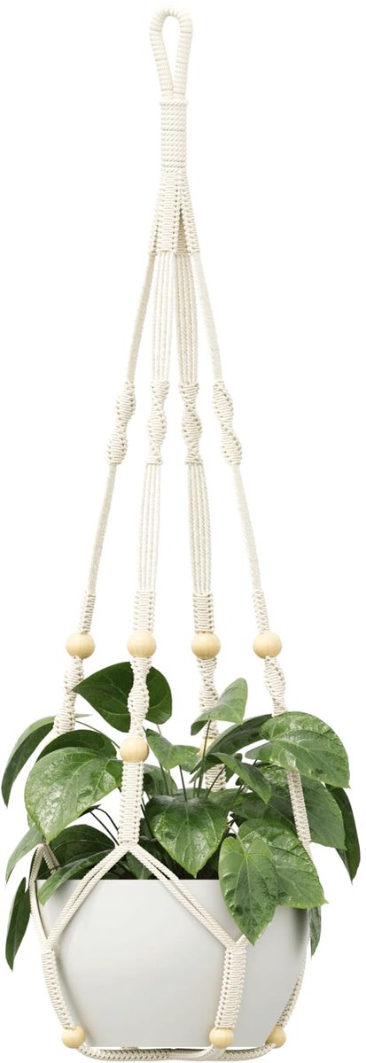 Plantenhanger 89 cm voor Binnenplanten, Hangende Plantenbak met Houten Kralen, Zonder Franjes Boho Woondecoratie voor Binnen en Buiten, Ivoor