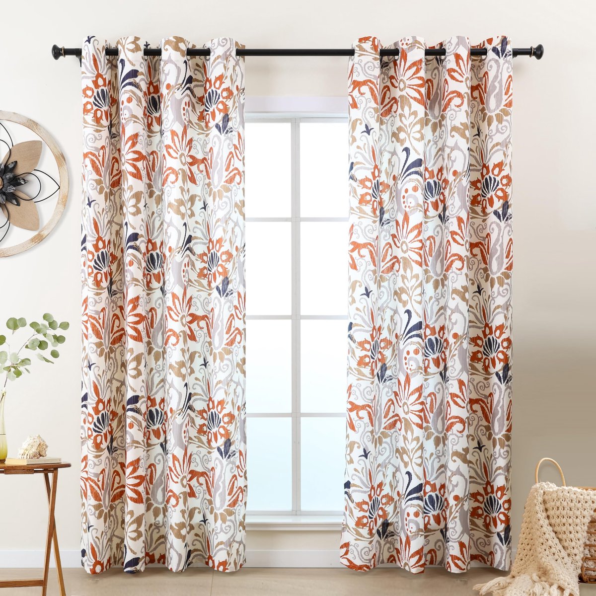 Gordijn met oogjes, botanische gordijnen in bruin oranje voor woonkamer slaapkamer raam, set van 2 gordijnen, ondoorzichtig, lichtdoorlatend, decoratieve gordijnen, halftransparant, 175 cm lang