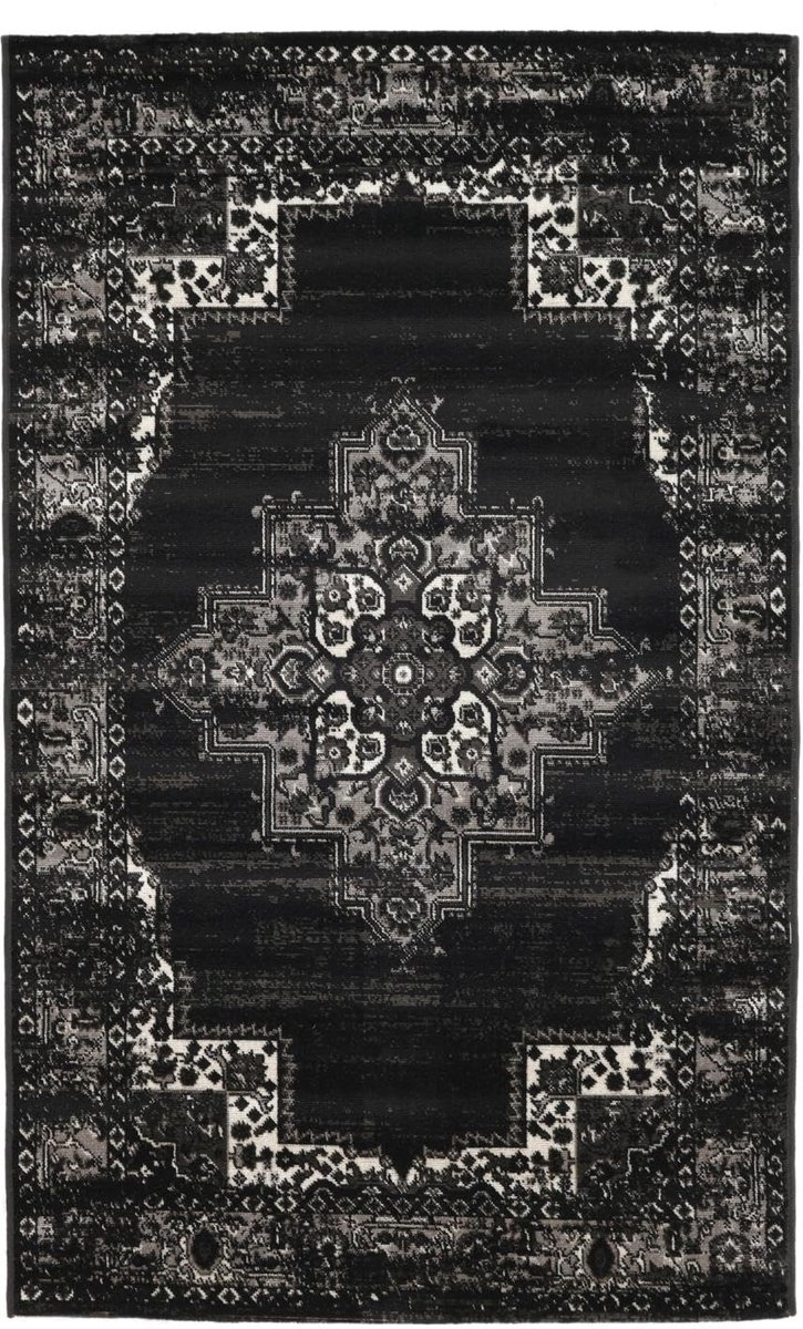 Vloerkleed, Vintage, 100 x 160 cm, Rechthoekig, Laagpolig, Woonkamer, Eetkamer, Slaapkamer, Keuken, Alleen chemisch reinigen, oeko_tex_100, Zwart