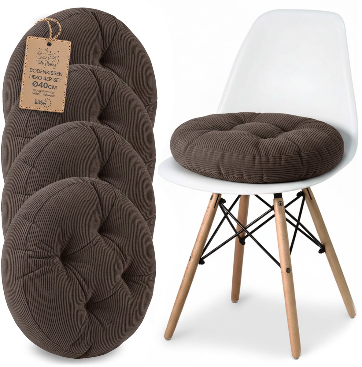 Stoelkussen Ronde Zitting 40 cm - Set van 4 Kussen voor Stoel Binnen Scandinavisch Stijl Comfortabel Zacht Wasbaar Ribfluweel voor Kantoor en Thuis Bruin