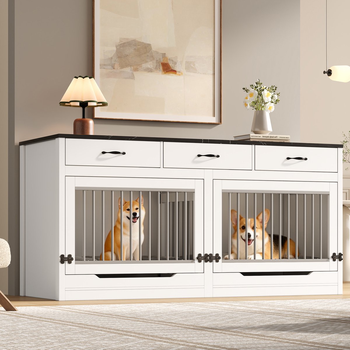 PHOEBE CAT Hondenbench - Console - 3 lades - Geschikt voor 2 honden - Met slot - Verwijderbare scheidingswand - 164 × 60 × 81 cm - Wit + Zwart