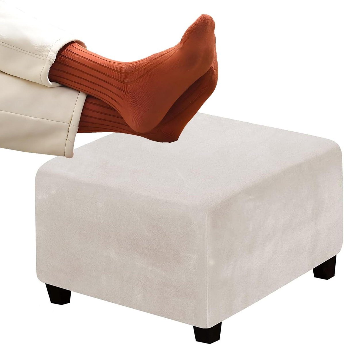 Vierkante Poef Hoes - Ottoman Hoezen Voetsteun - Meubels Beschermen - Premium Fluweel Stof - 110x110cm - Beige