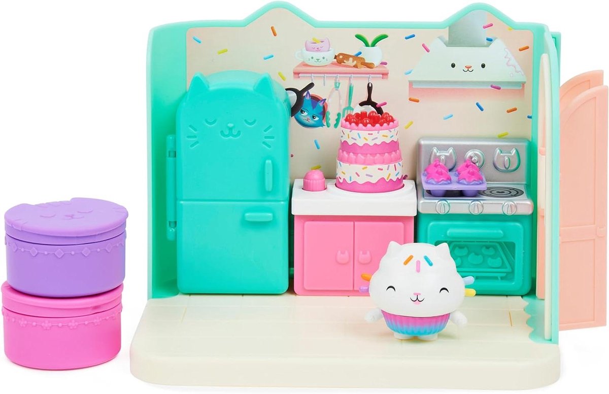 Poppenhuis Bakkerij - Speelgoedkeuken Gebakjes - Fantasie Spel - Draaiende Cake - 1 kamer 3 meubels - Multicolor