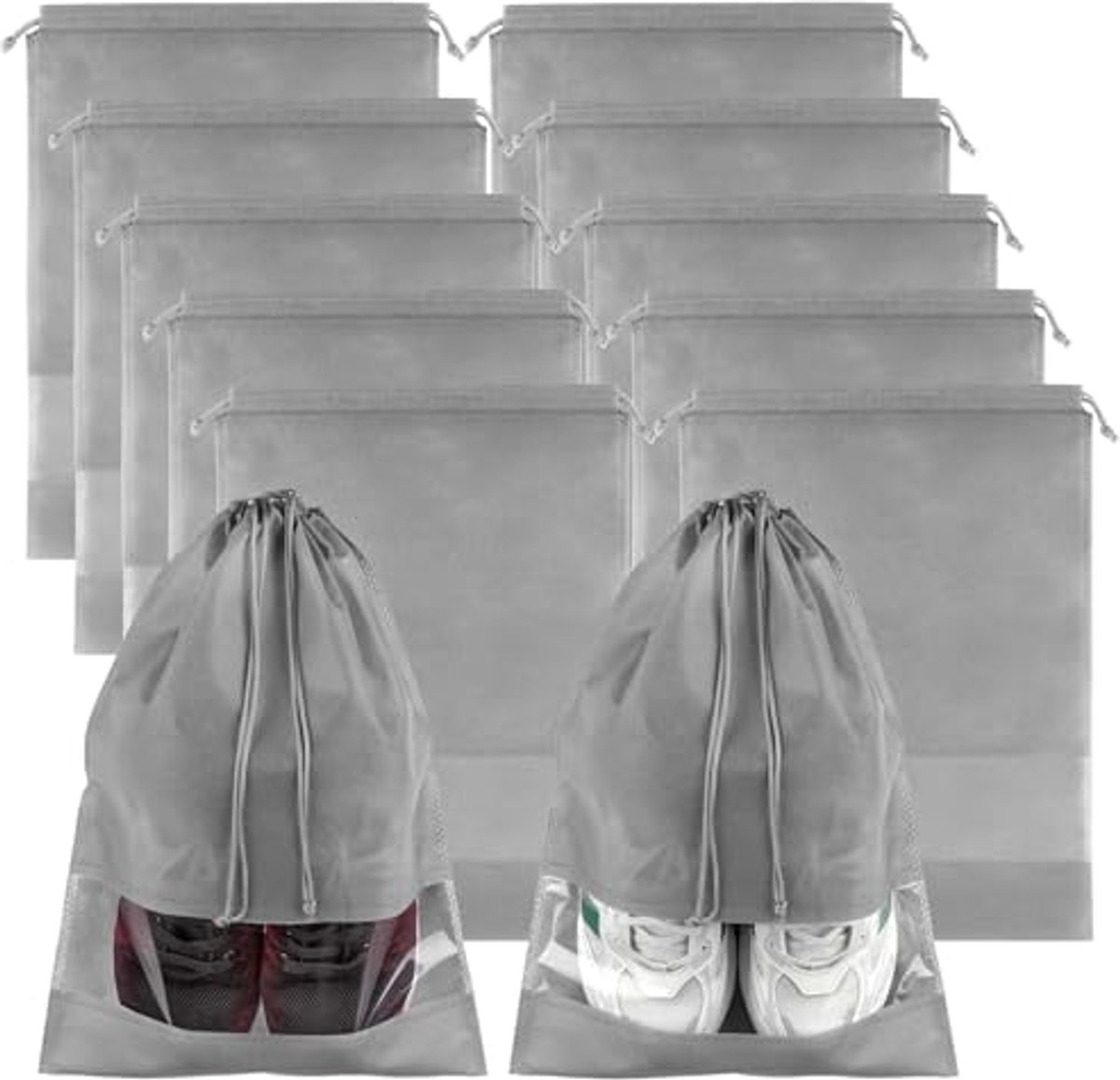 10 Stuks Schoenenzakken voor Reizen – Grote Opbergzakken voor Schoenen met Trekkoord en Transparant Venster – Ademende Reis Organizer voor Sneakers, Sportschoenen en Koffers – Grijs