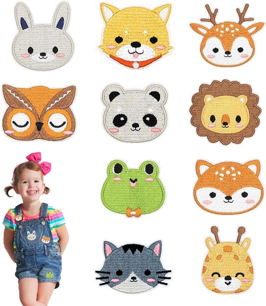 Strijkpatches Kinderen - Opstrijkapplicaties Dieren - Kleding Versieren - 10 Verschillende Dieren - 30 g - Diverse Kleuren