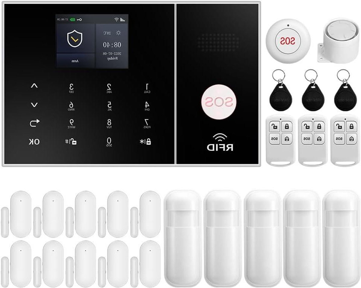Huis Alarmsysteem - Inbraakbeveiliging Draadloos - Huis Beveiligen - Dubbel Netwerk WIFI GSM - 24 Delig Pakket - Zwart