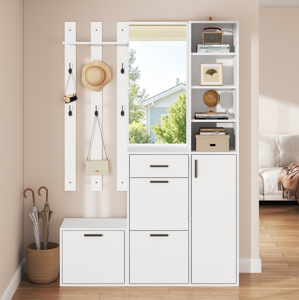 STILVORA Schoenenkast - Met Spiegel En 6 Haken - Staande Halmeubel Met 3 Klepvakken En Opbergruimte - MDF En Spaanplaat - 120x30x178 Cm - Wit